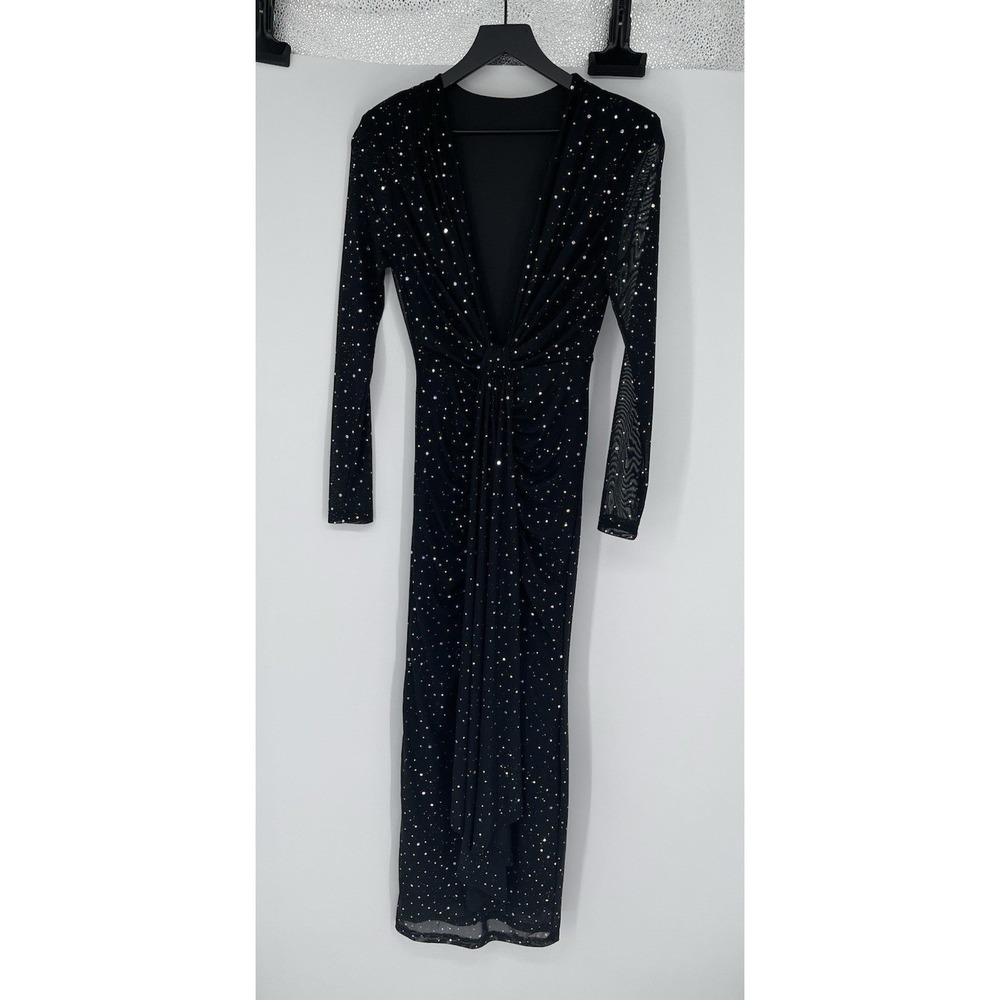 Women's Black Rhinestone Mesh Ruched Maxi Dress Long Sleeve Deep V Evening